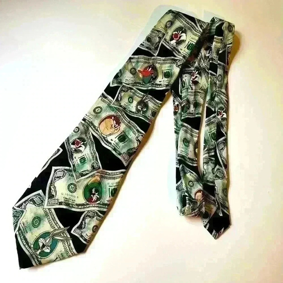 1996 Looney Tunes Mania $100 Bills Looney Tunes Characters Silk Tie Necktie - Picture 1 of 6